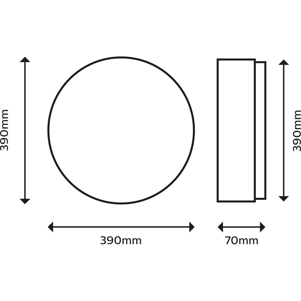Technische Zeichnung: Kreis (390mm) und Rechteck (390x70mm).
