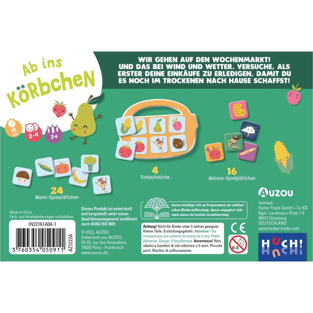 Gioco da tavolo con motivi di frutta, verdura e cestini. Per 2-4 giocatori dai 3 anni.