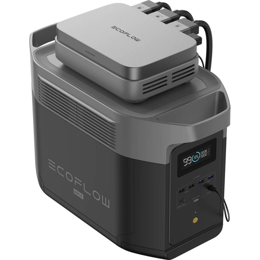 Szara stacja zasilania Ecoflow z dołączonym modułem z portami.