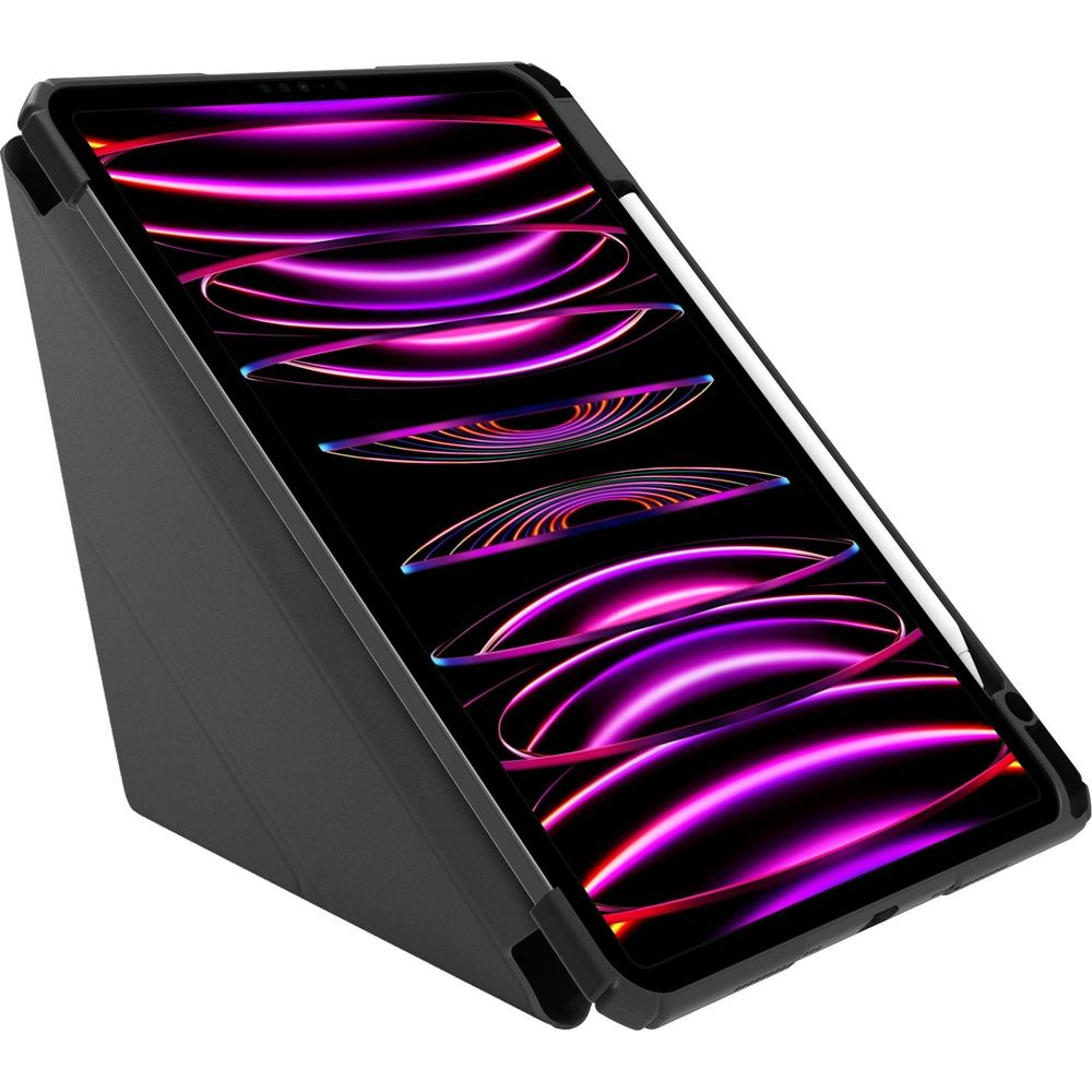 Un tablet nero con stilo in una custodia rialzata, linee colorate sullo schermo.