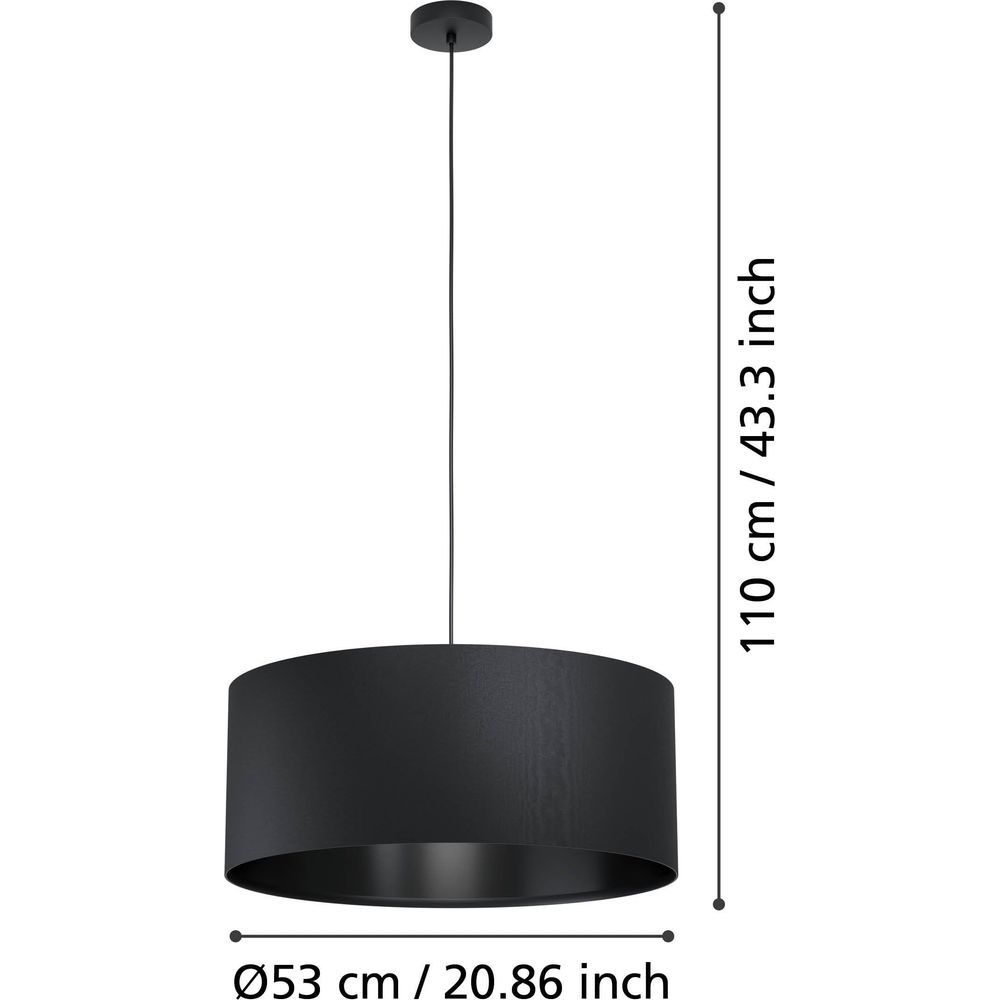 Lampada a sospensione nera con paralume in tessuto, diametro 53 cm.