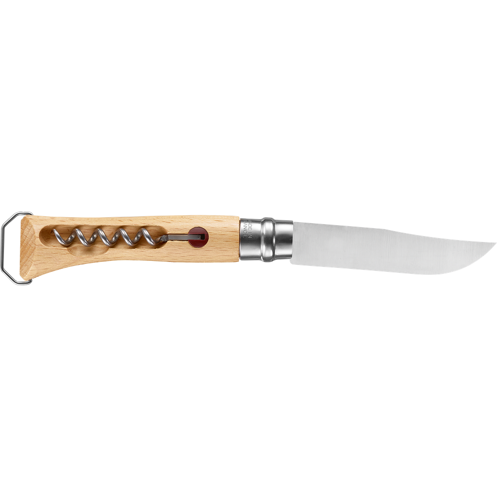 Coltello con manico in legno e cavatappi. Lama in metallo, manico in legno con parti metalliche.