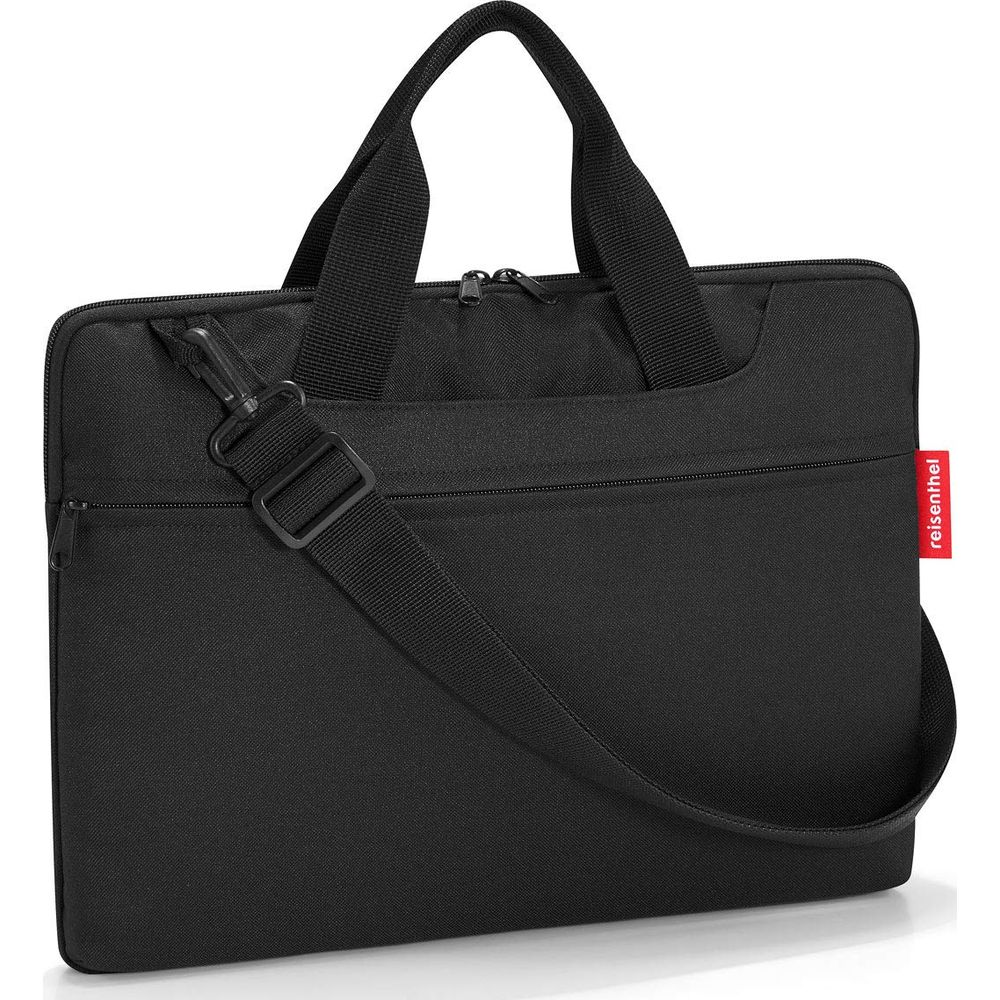 Borsa nera per laptop con manici e tracolla, chiusura con cerniera.