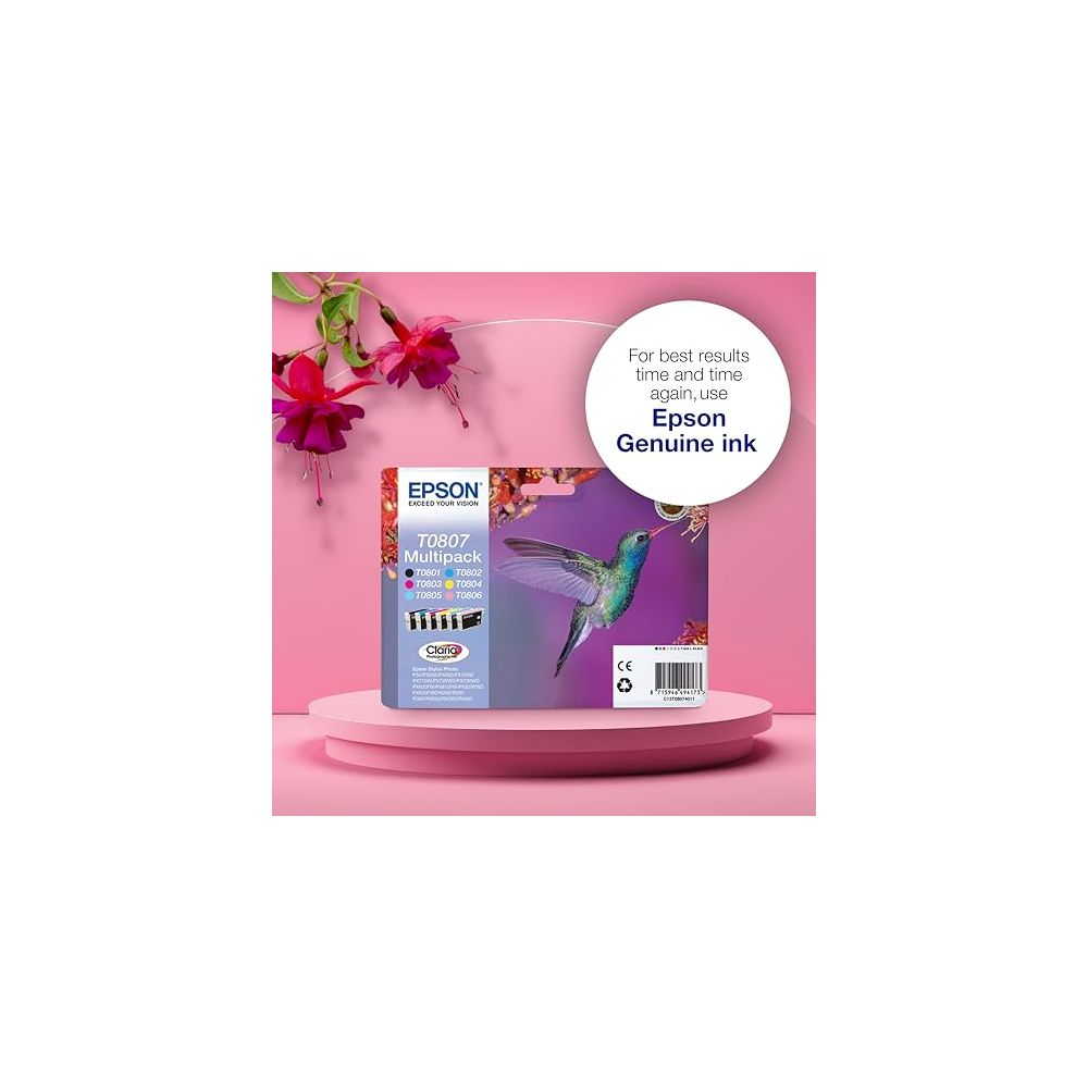 Multipack Epson T0807 avec colibri et fuchsias. "Epson Genuine ink".