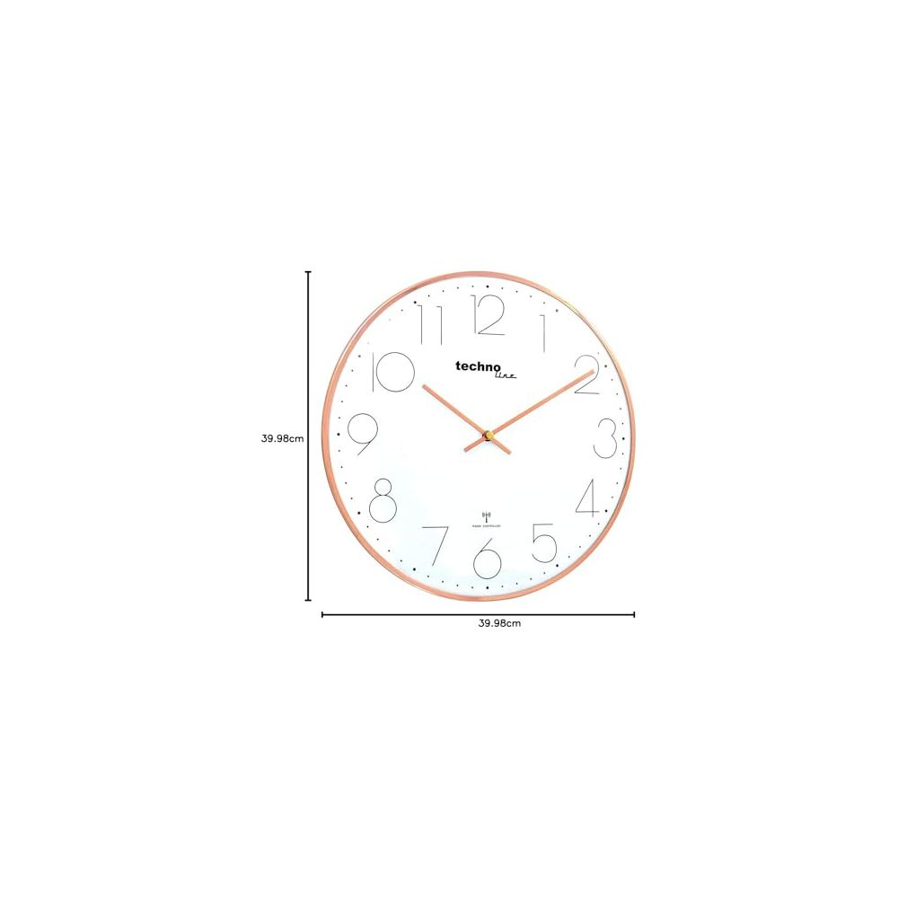 Horloge murale blanche avec bordure et chiffres or rose. Dimensions 39,98 cm.
