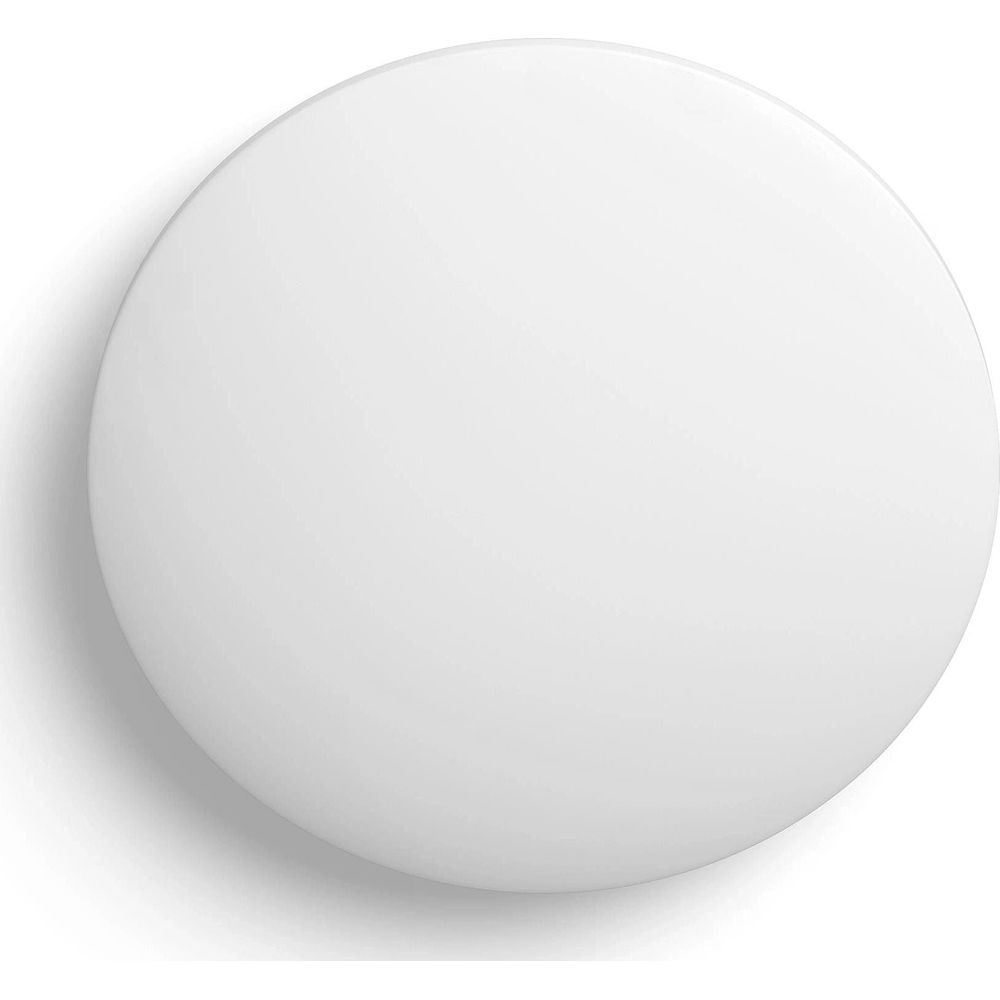 Un disco bianco e rotondo con ombra su sfondo bianco.
