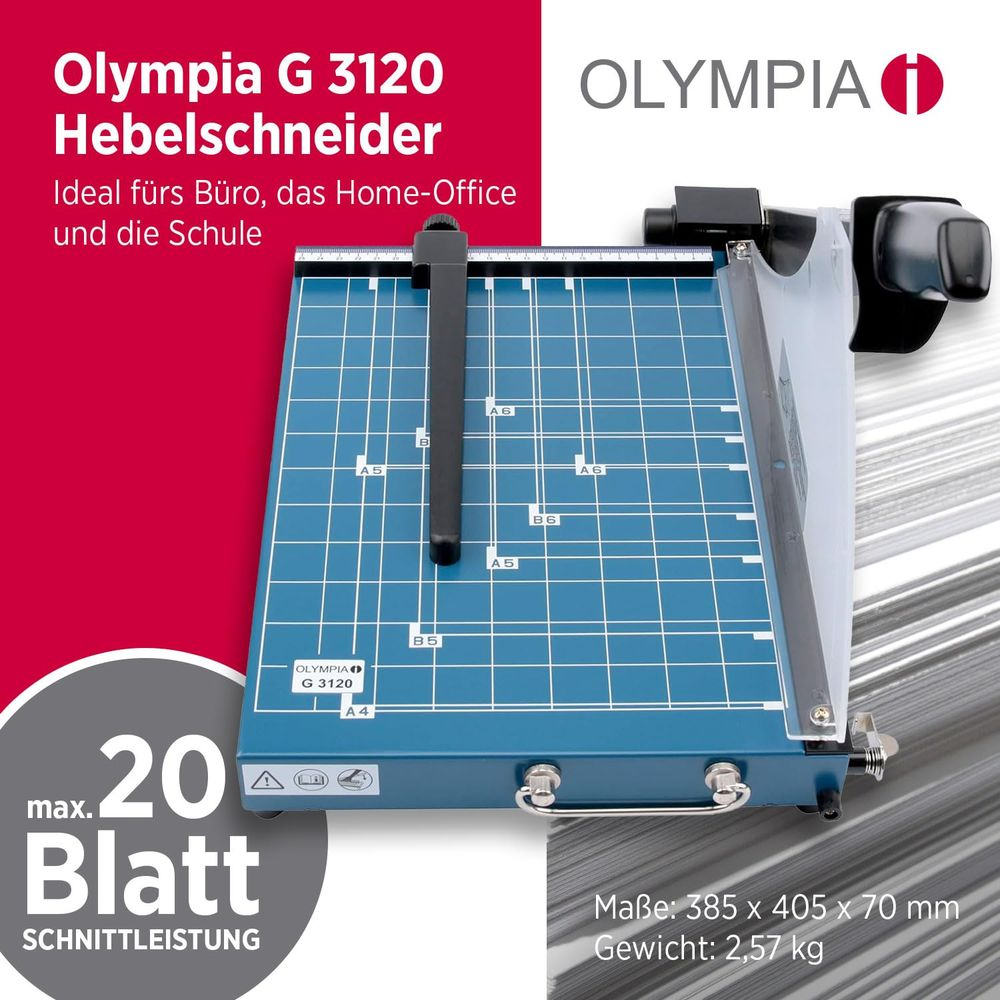 Olympia G 3120 Hebelschneider mit blauer Schnittfläche und silbernem Hebel.