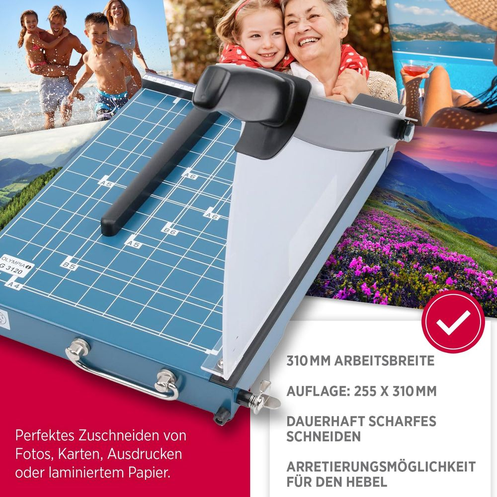 Ein blauer Papierschneider mit Messskala und Bildern von Urlaub und Familie.