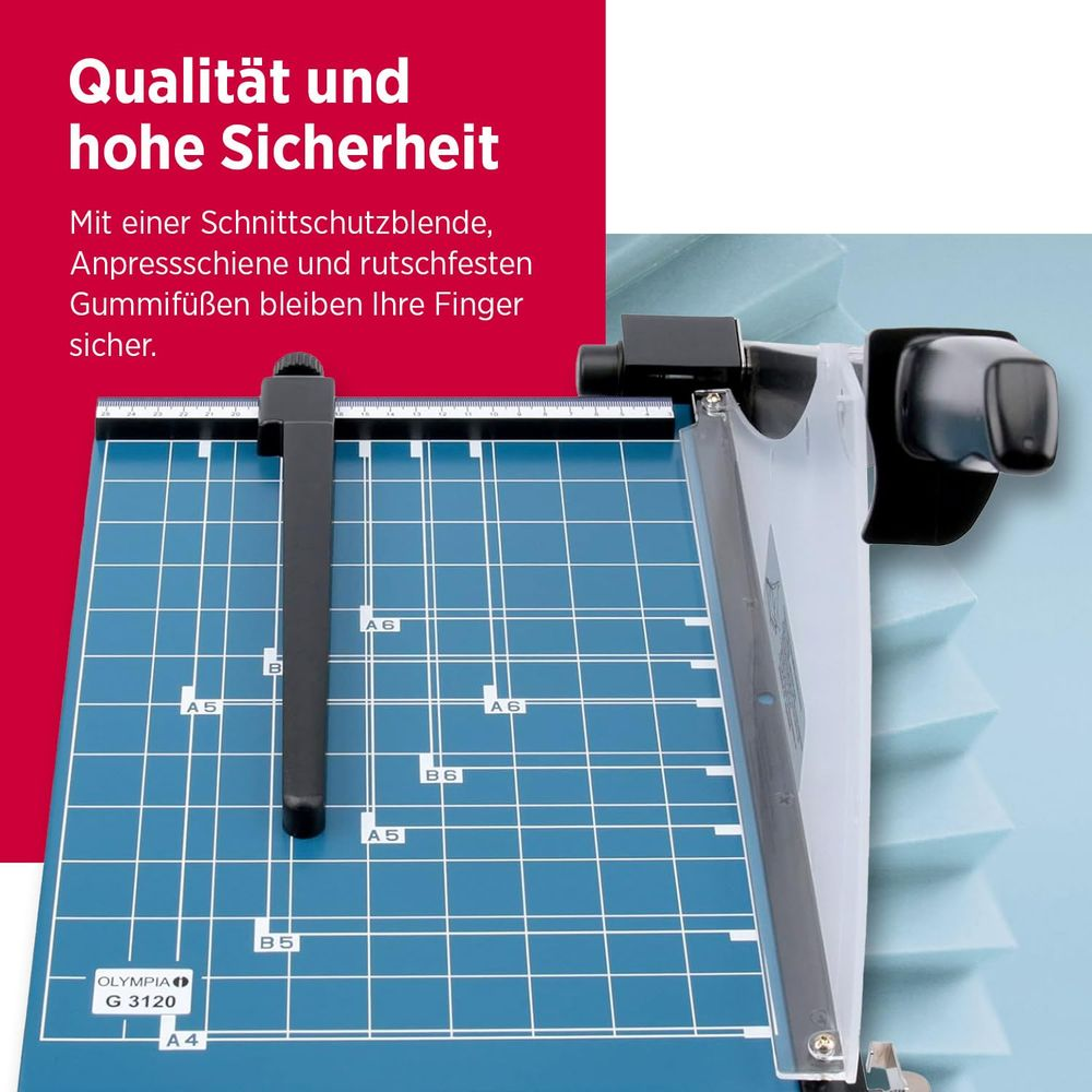 Blauer Papierschneider mit Skalen und rotem Textfeld links.