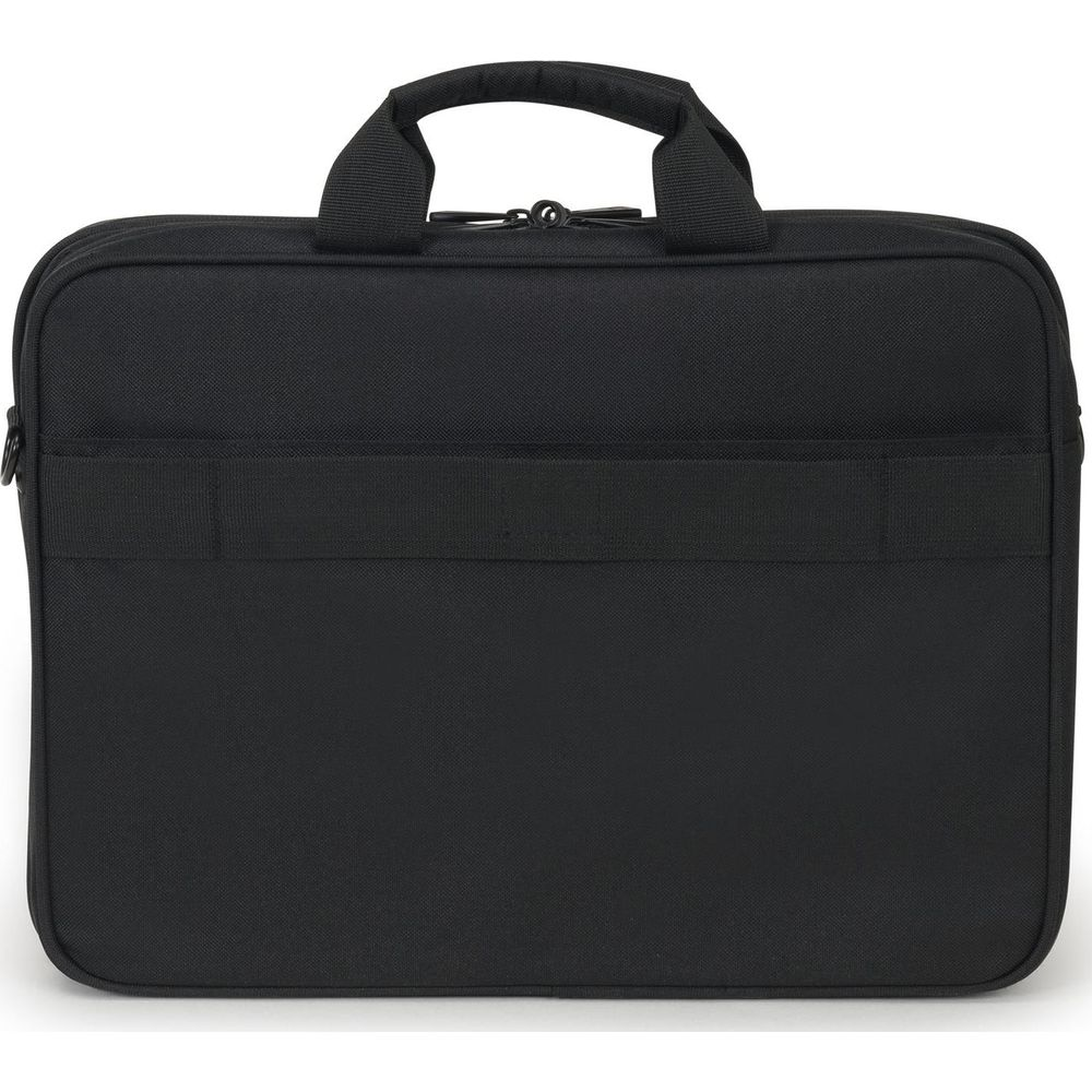 Borsa nera per laptop con manico e cerniera.