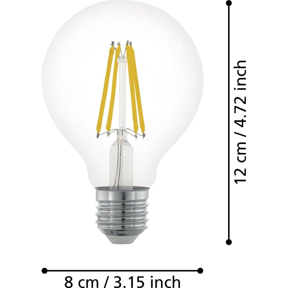Eine klare Glühbirne mit Filament und Maßen 12 cm Höhe und 8 cm Breite.