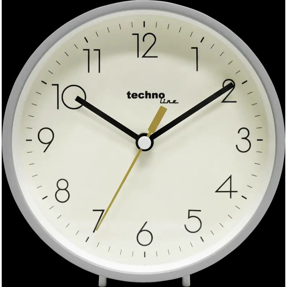Un orologio analogico rotondo bianco con lancette e numeri neri.