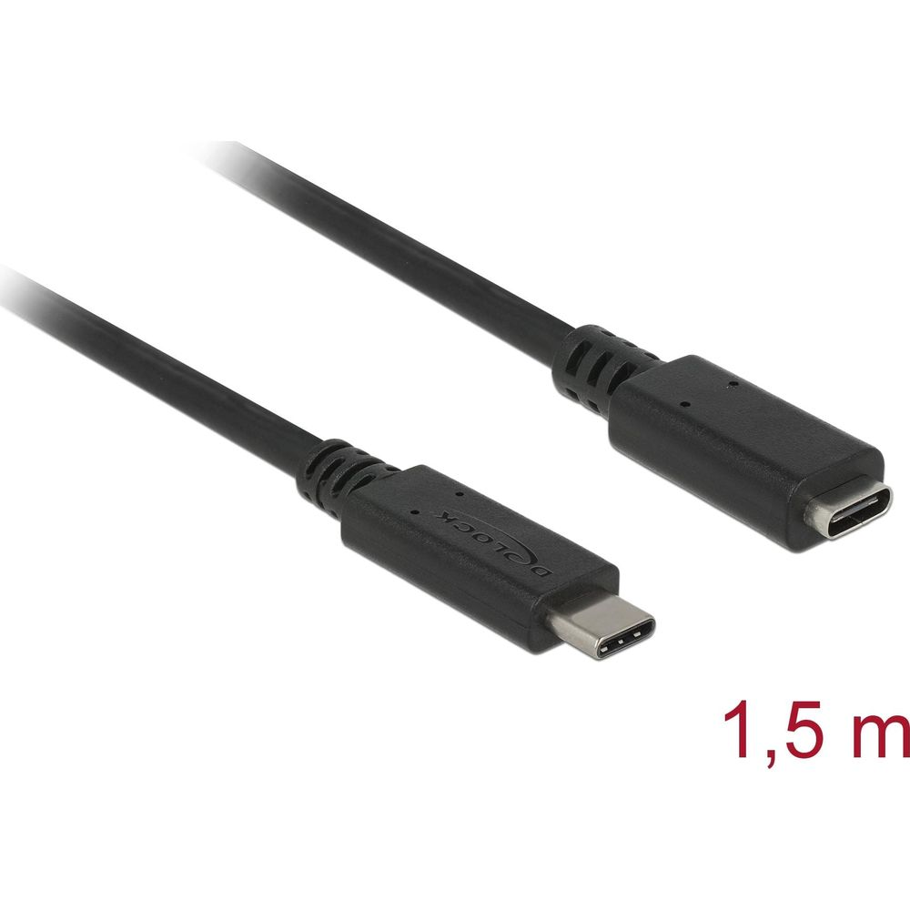 Zwarte 1,5 m USB-C kabel met twee connectoren.