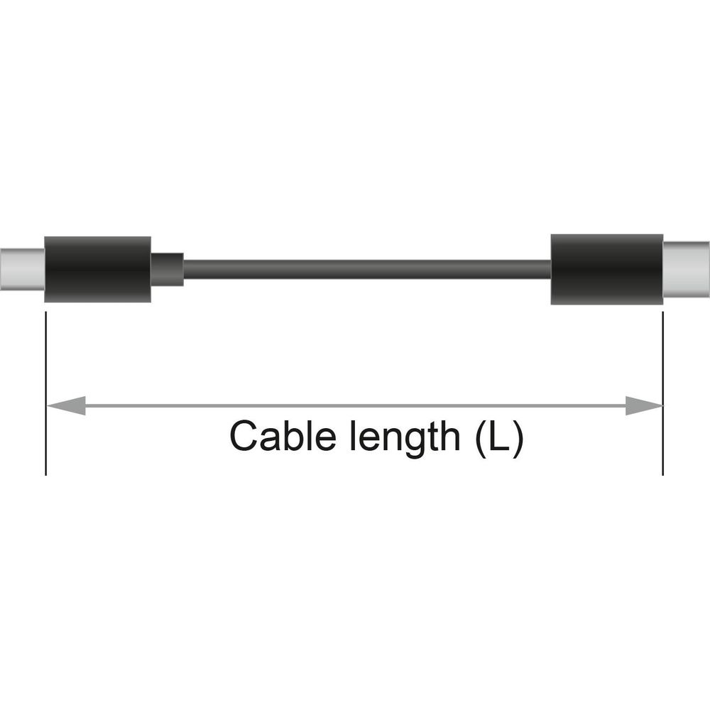 Een zwarte kabel met twee zwarte connectoren, die de kabellengte aangeeft.