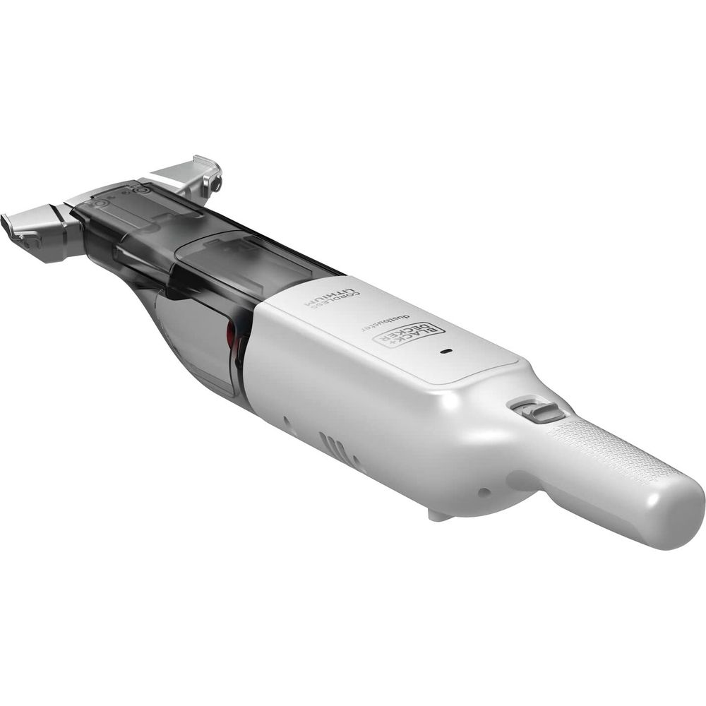 Un aspirapolvere portatile bianco con contenitore trasparente e ugello argento.