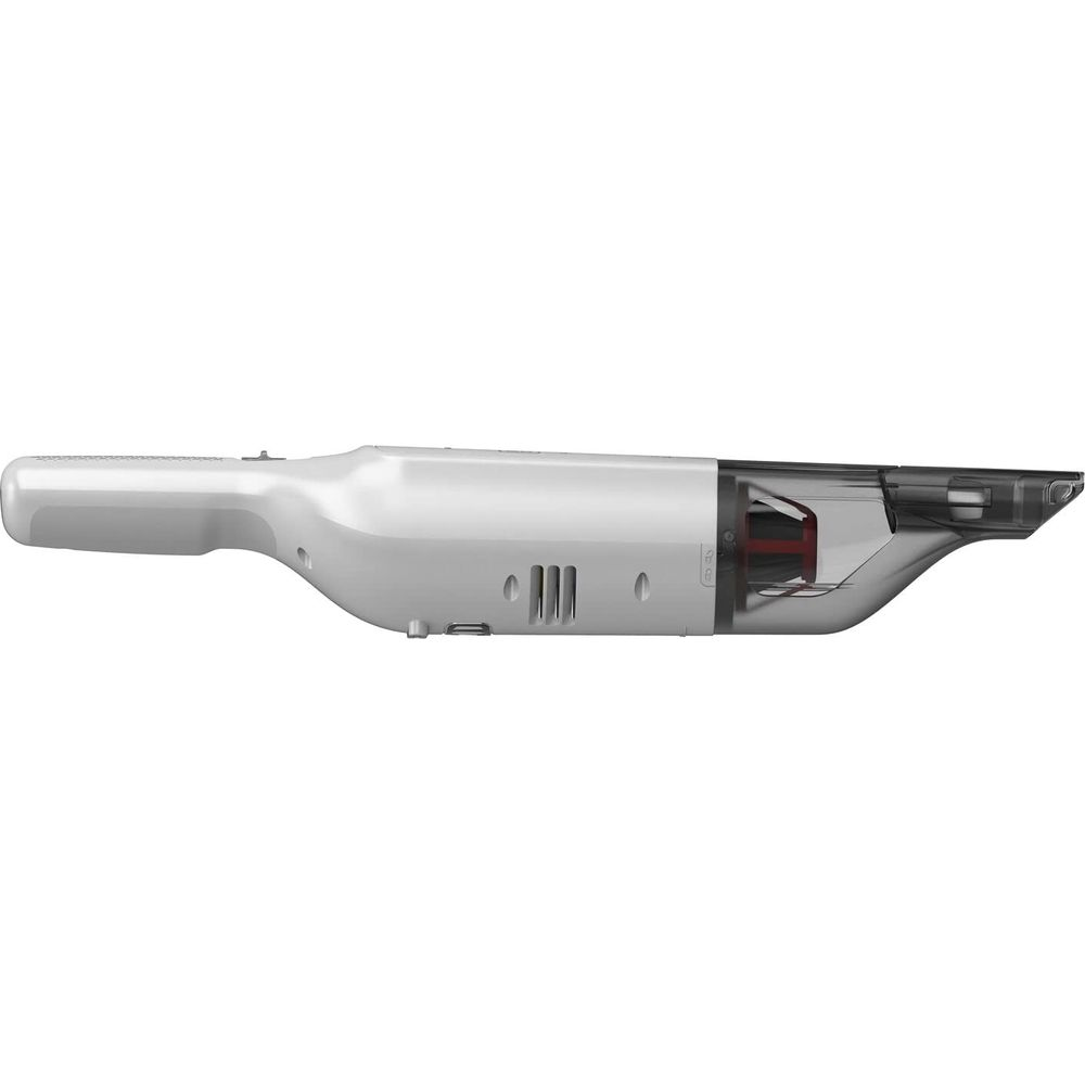 Un aspirapolvere portatile bianco con contenitore trasparente e interno rosso.