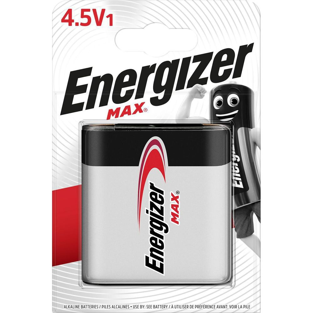 Batteria Energizer 4.5V 1 in blister con personaggio dei cartoni animati. Bianco, nero, rosso.
