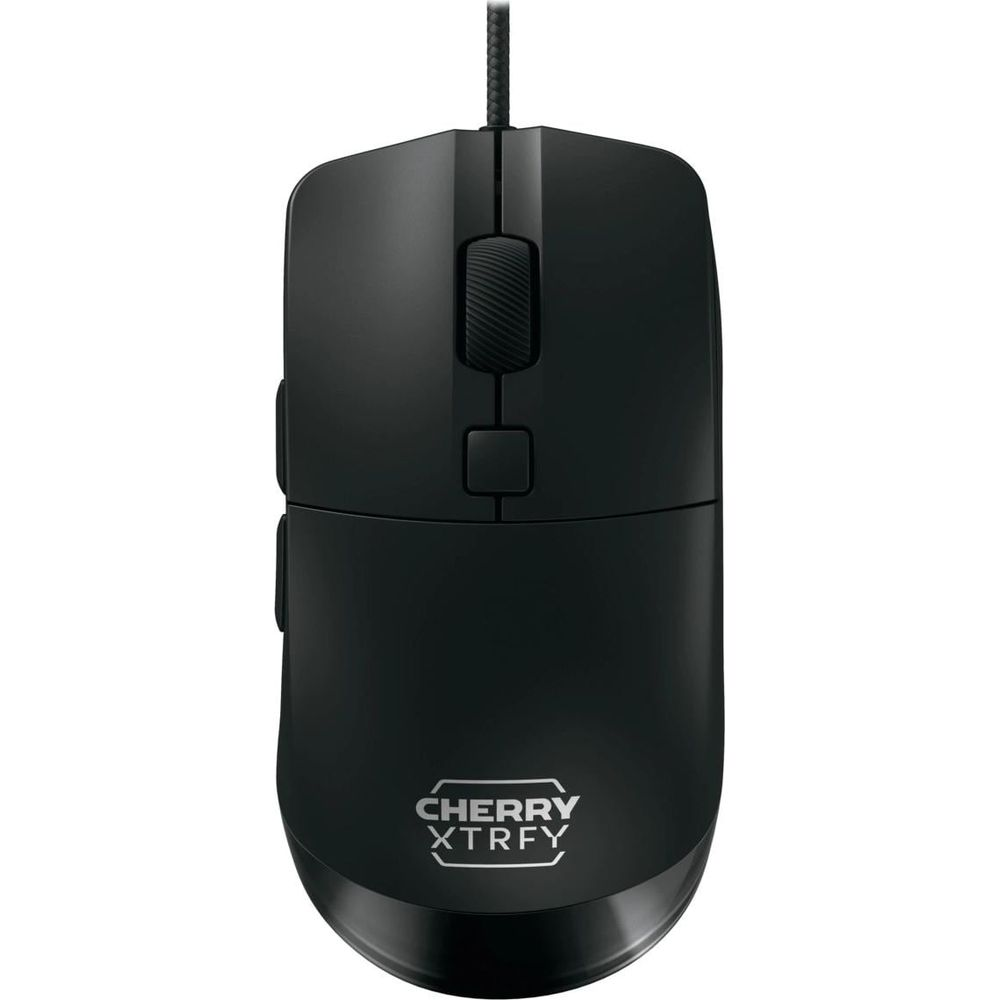Eine schwarze Computermaus mit Scrollrad und Tasten, Logo unten.
