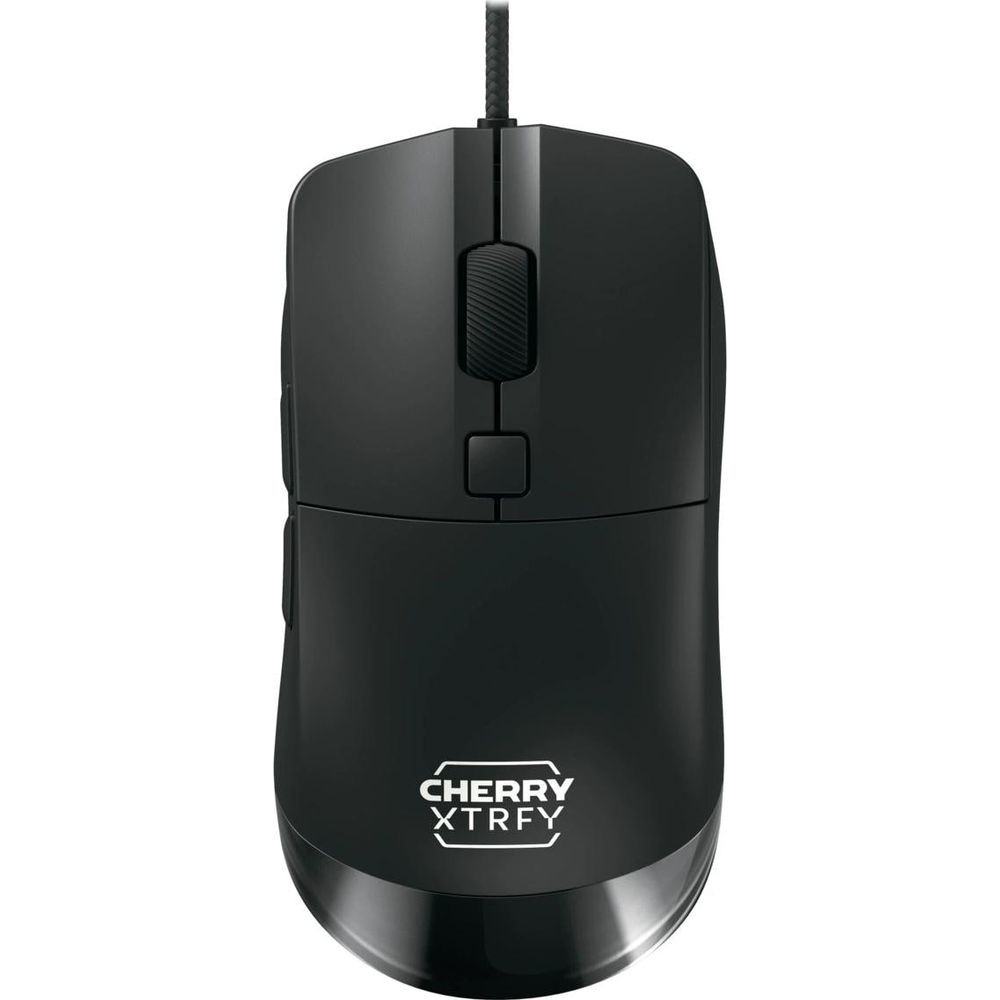 Schwarze Computermaus mit Scrollrad und Logo.