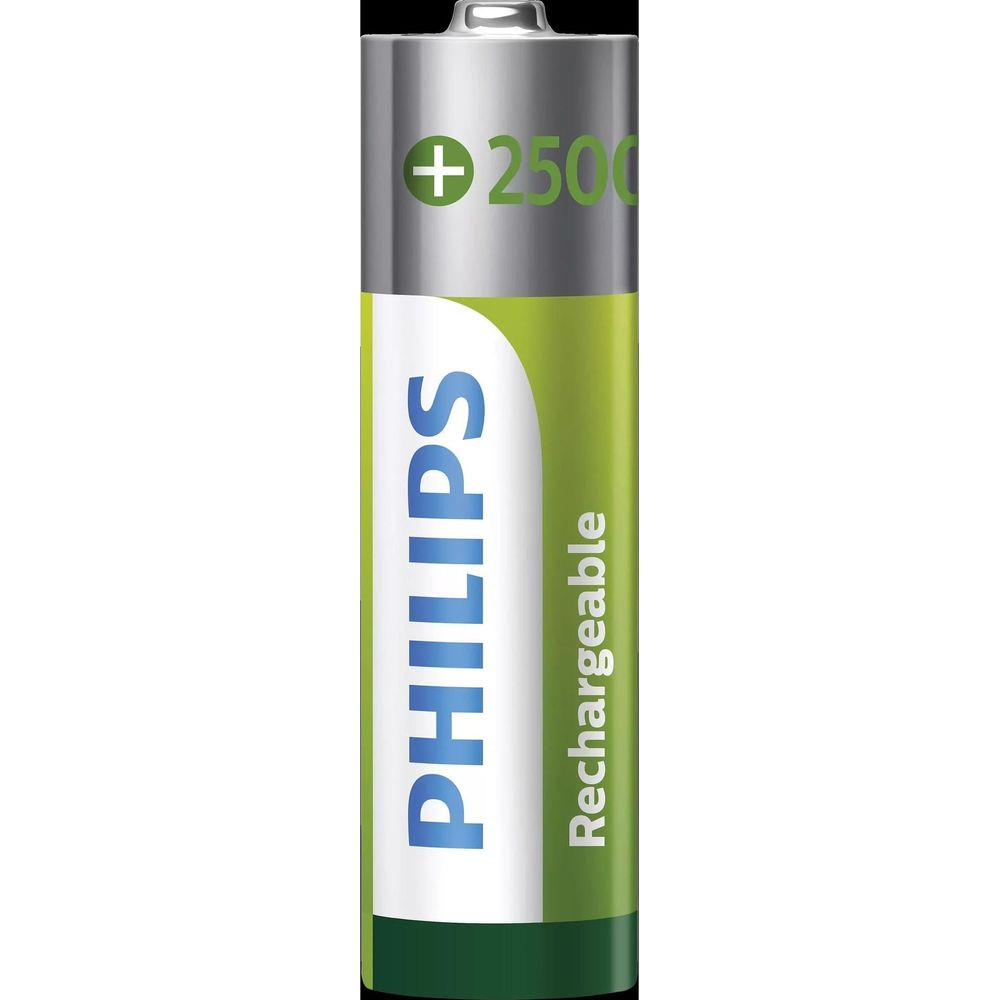 Batteria AA Philips, 2500 mAh, ricaricabile, argento con accenti verdi.