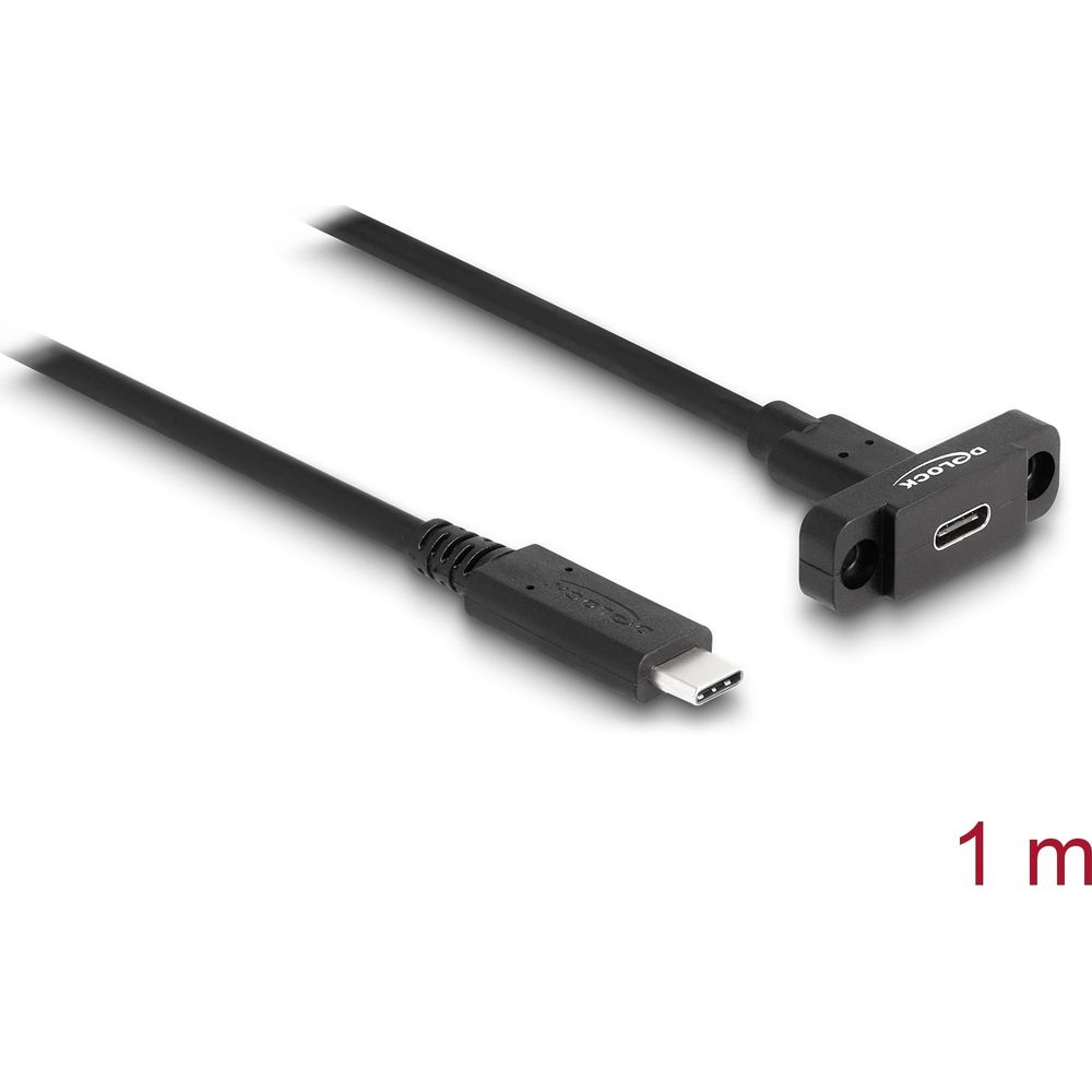 Un cavo USB-C nero con un connettore e una presa a montaggio.