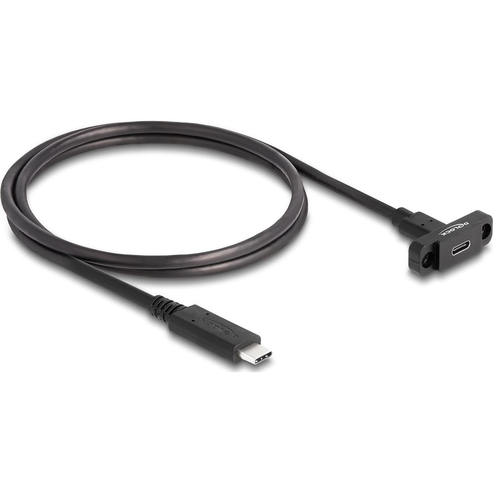 Cavo USB-C nero con connettore angolato e adattatore porta piatta.