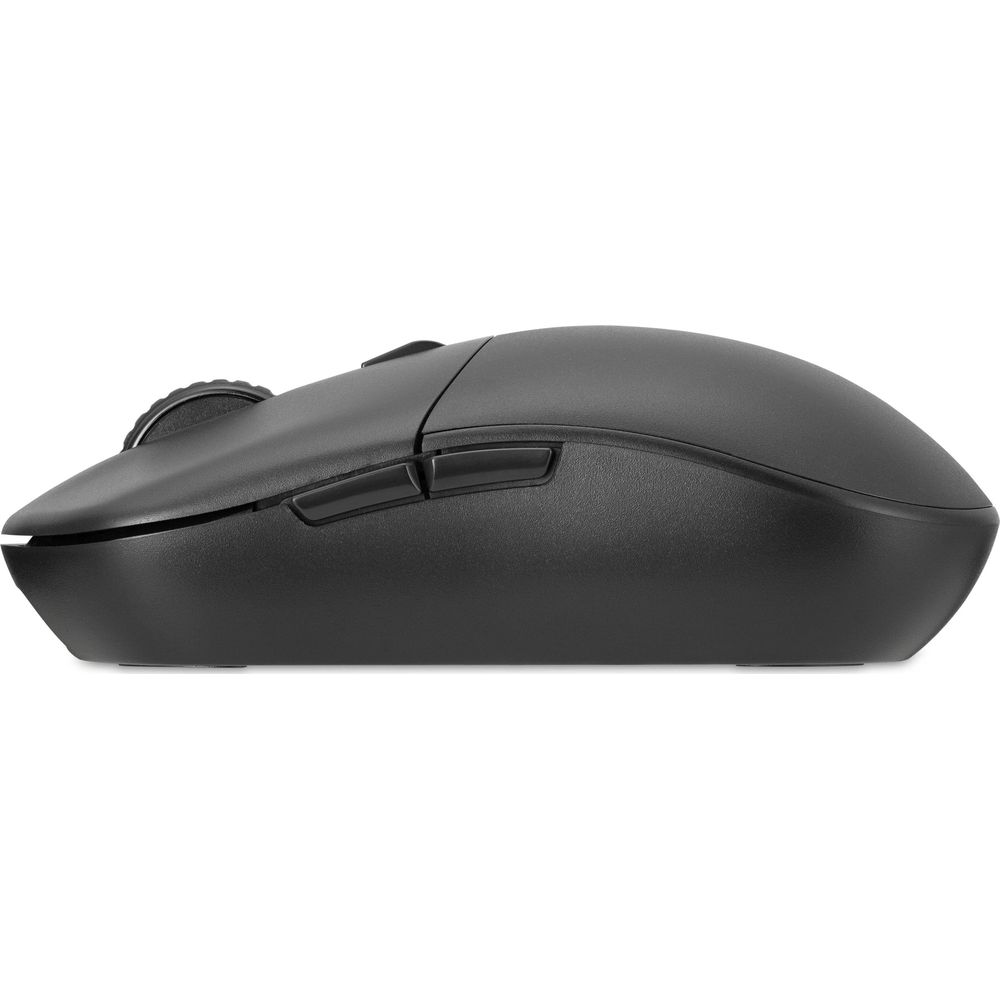 Mouse per computer nero di profilo, con rotellina e due pulsanti.