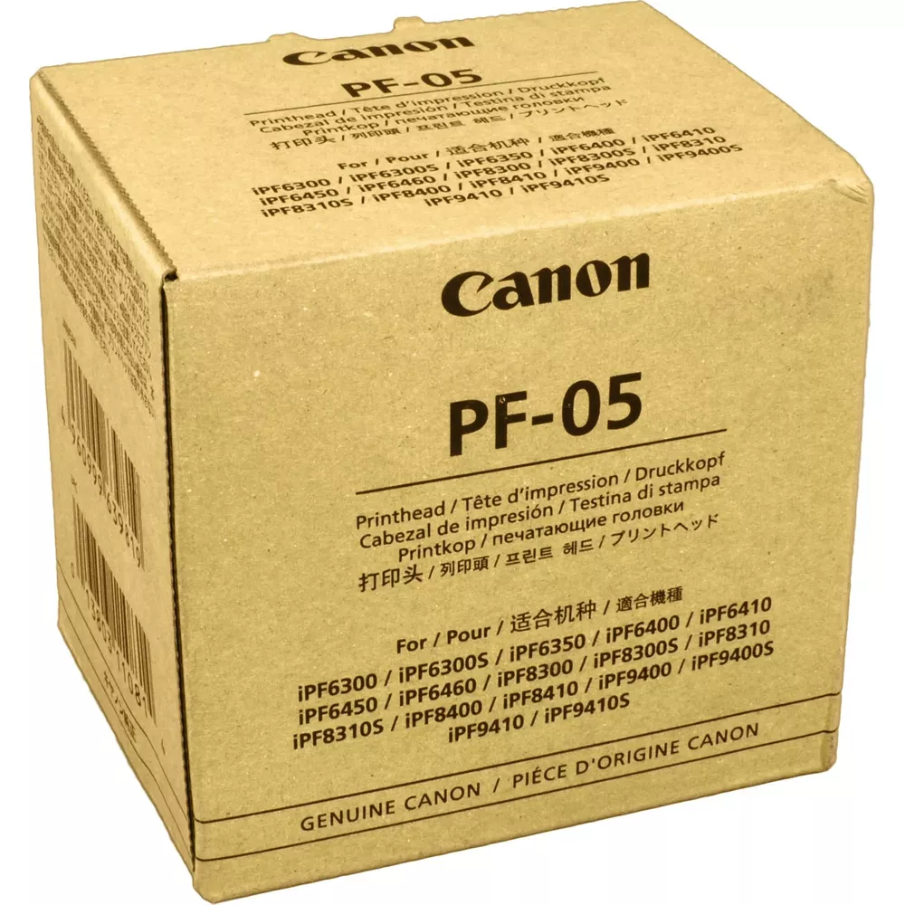 Scatola testina di stampa Canon PF-05 con numero modello e stampanti compatibili.