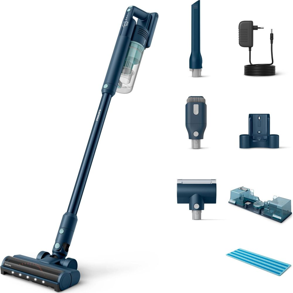 Un aspirapolvere blu senza fili con accessori: caricabatterie, spazzole e mop.