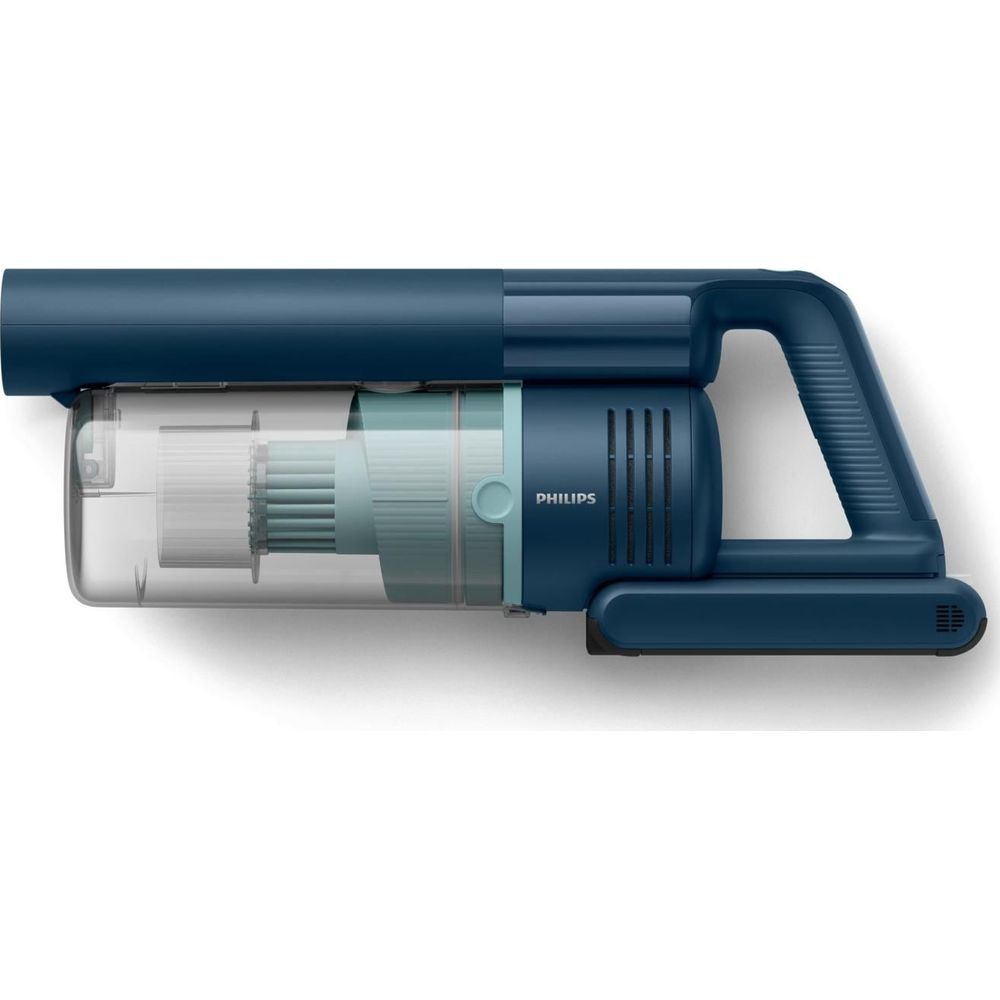 Un aspirapolvere portatile blu con contenitore trasparente e logo Philips.