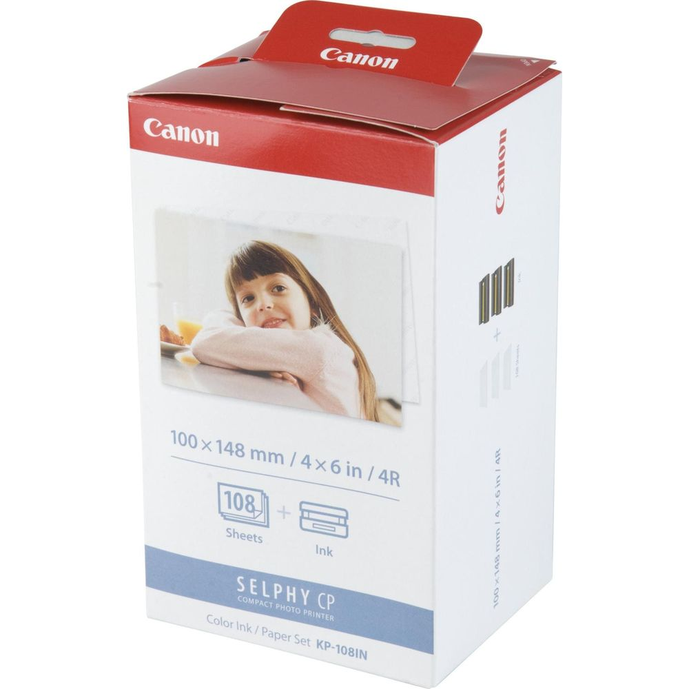 Canon Selphy CP yazıcı kiti ambalajı, bir kız çocuğunun resmiyle. 108 yaprak.