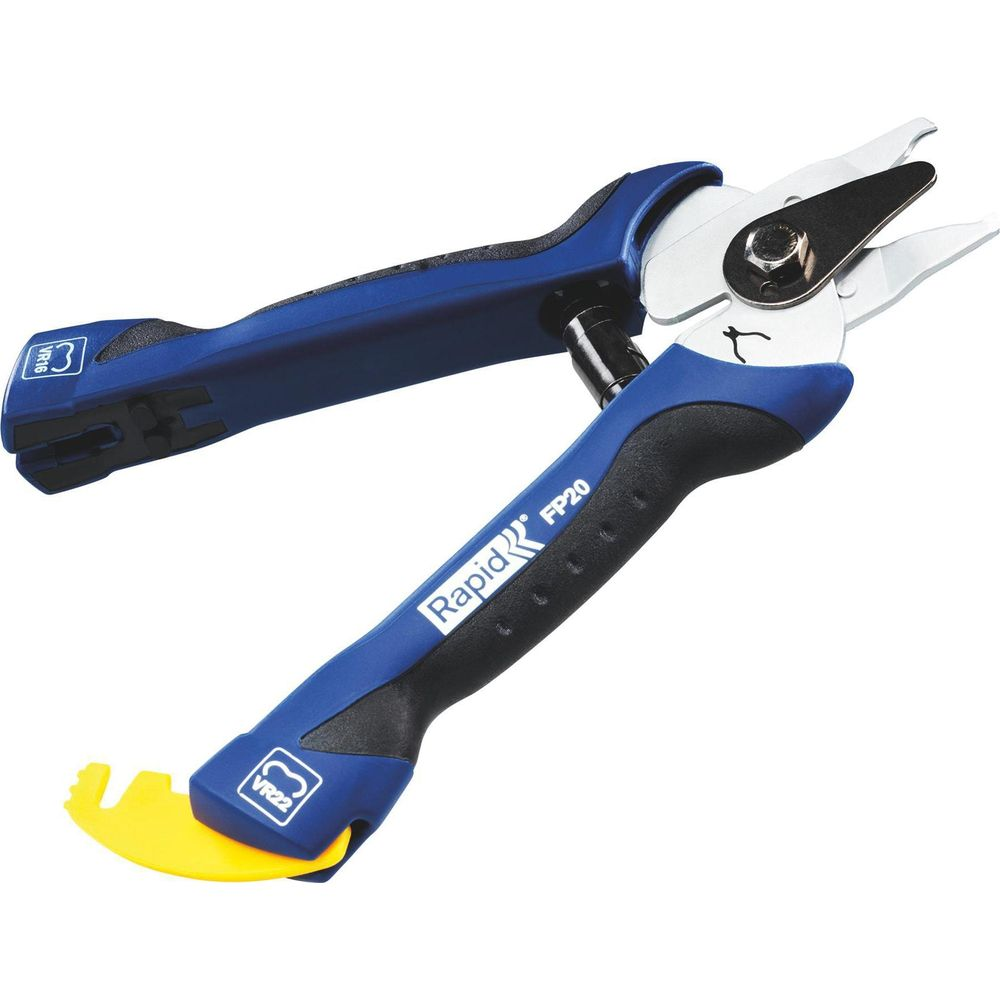 A blue Rapid FP20 stapler with a yellow part on a white background.