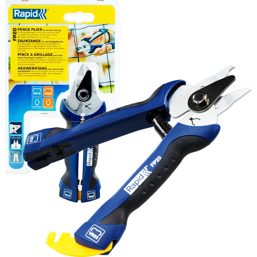 Blue Rapid FP20 fence plier with yellow grip and silver cutting edges.