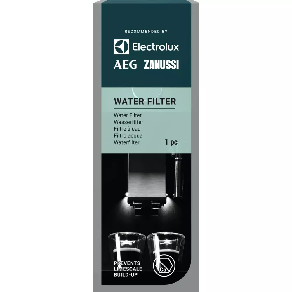 Confezione filtro acqua con logo Electrolux/AEG/Zanussi e due bicchieri.