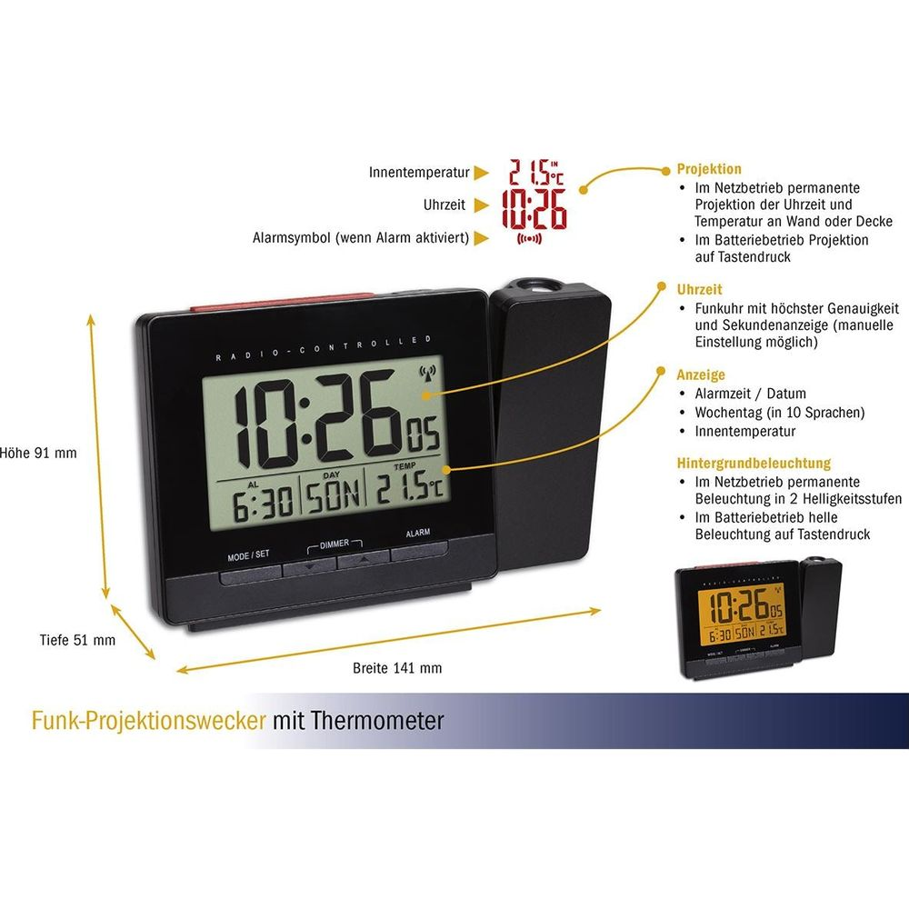 Réveil projecteur radio-commandé avec thermomètre et affichage numérique.
