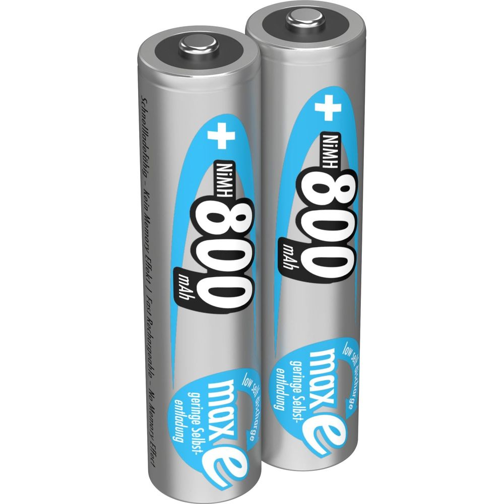 Due batterie AA argentate con etichette blu '800 mAh' e 'max e'.