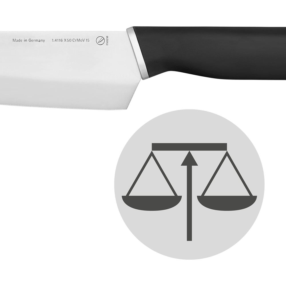 Ein Messer mit Griff und Klinge, daneben eine Waage.