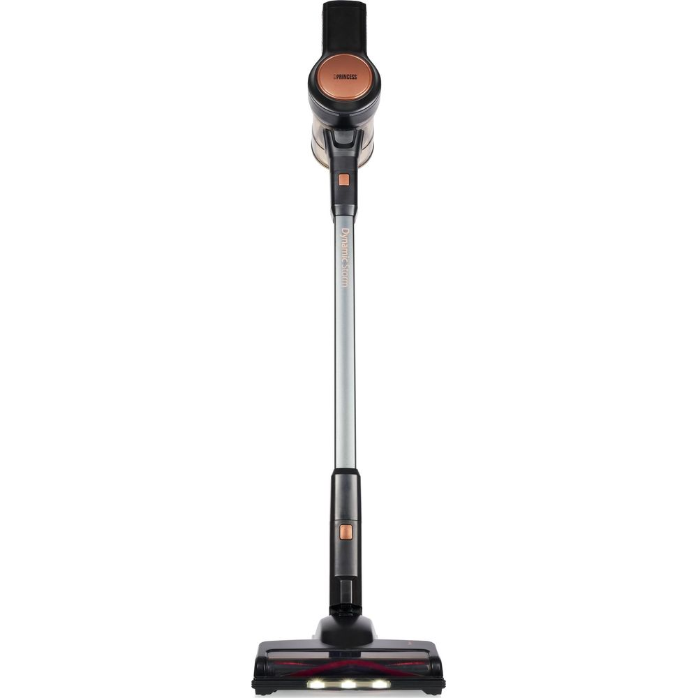Una aspiradora inalámbrica y elegante con mango negro, tubo plateado y cabezal.