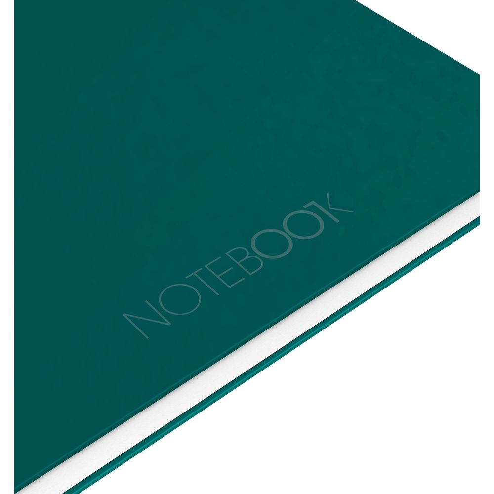 Niebiesko-zielony notatnik z wytłoczonym napisem 'NOTEBOOK'. Widoczna biała krawędź.