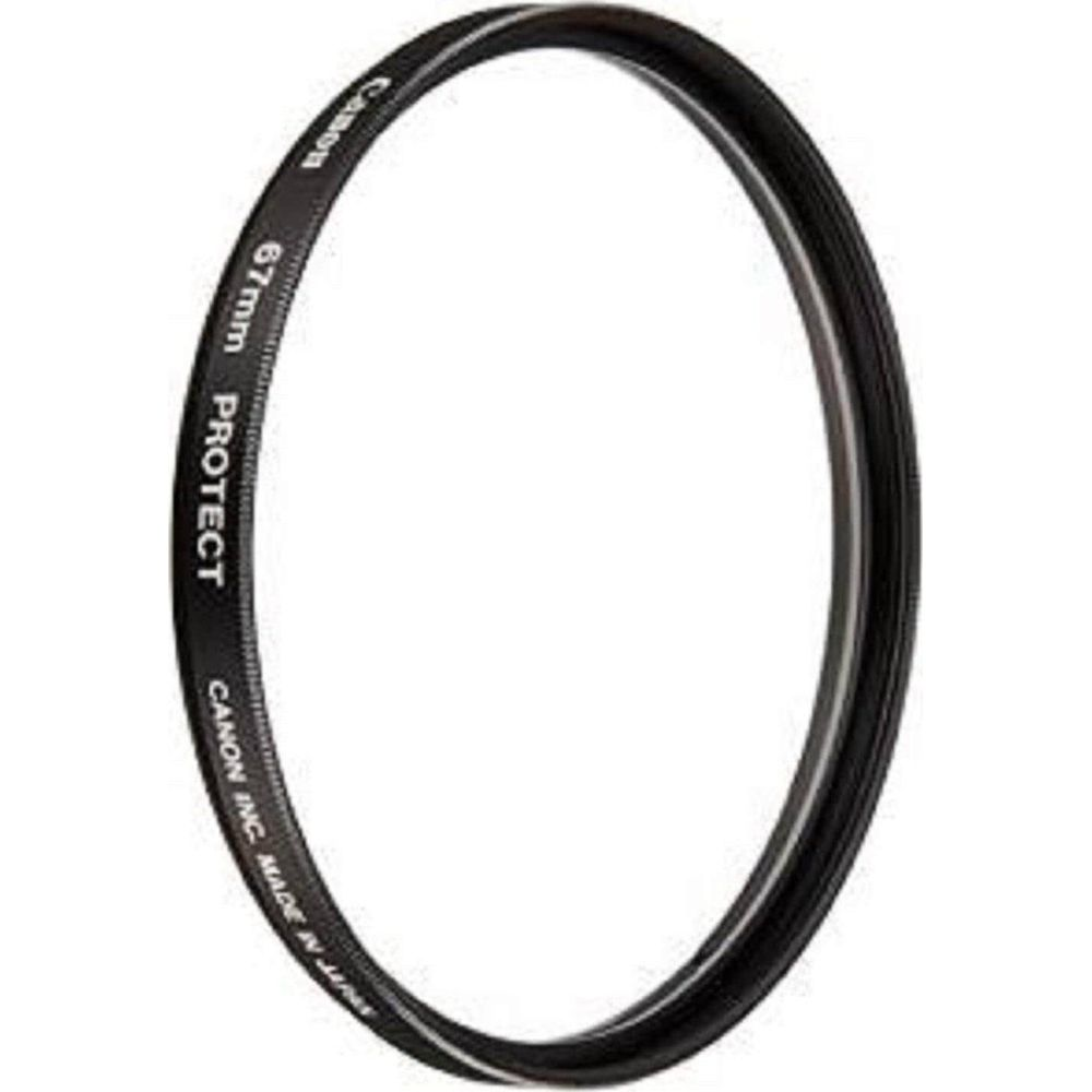 Ein schwarzer Canon 67mm Protect Filter mit weißer Schrift.