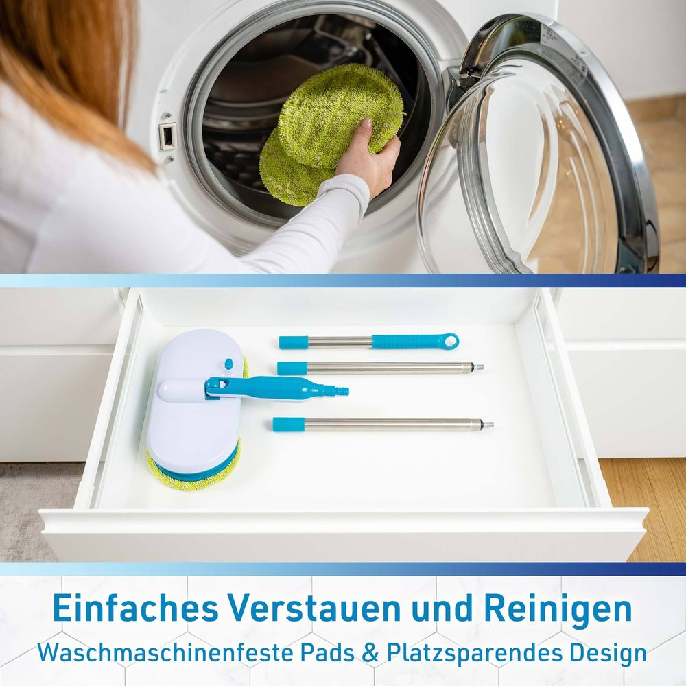 Grüne Pads werden in Waschmaschine gelegt. Reinigungsgerät mit Stangen in Schublade.