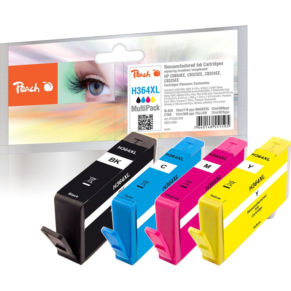 Quattro cartucce d'inchiostro Peach H364XL: nero, ciano, magenta e giallo.