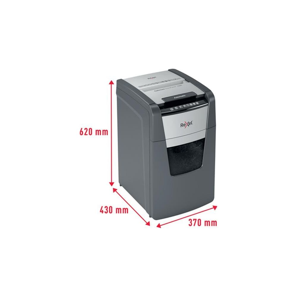 Ein grauer Rexel Aktenvernichter mit Maßen 620x430x370 mm.
