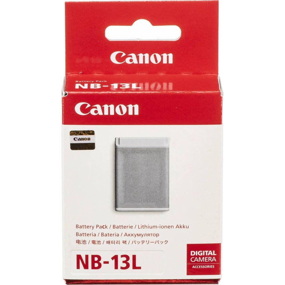 Embalaje de batería Canon NB-13L con imagen de batería gris.