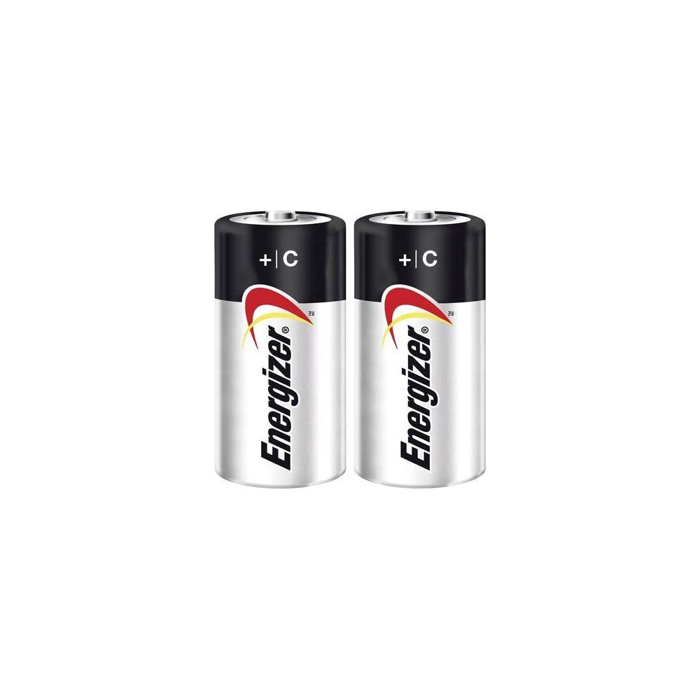 Zwei silberne Energizer C-Batterien mit schwarzem oberen Rand und rotem Logo.