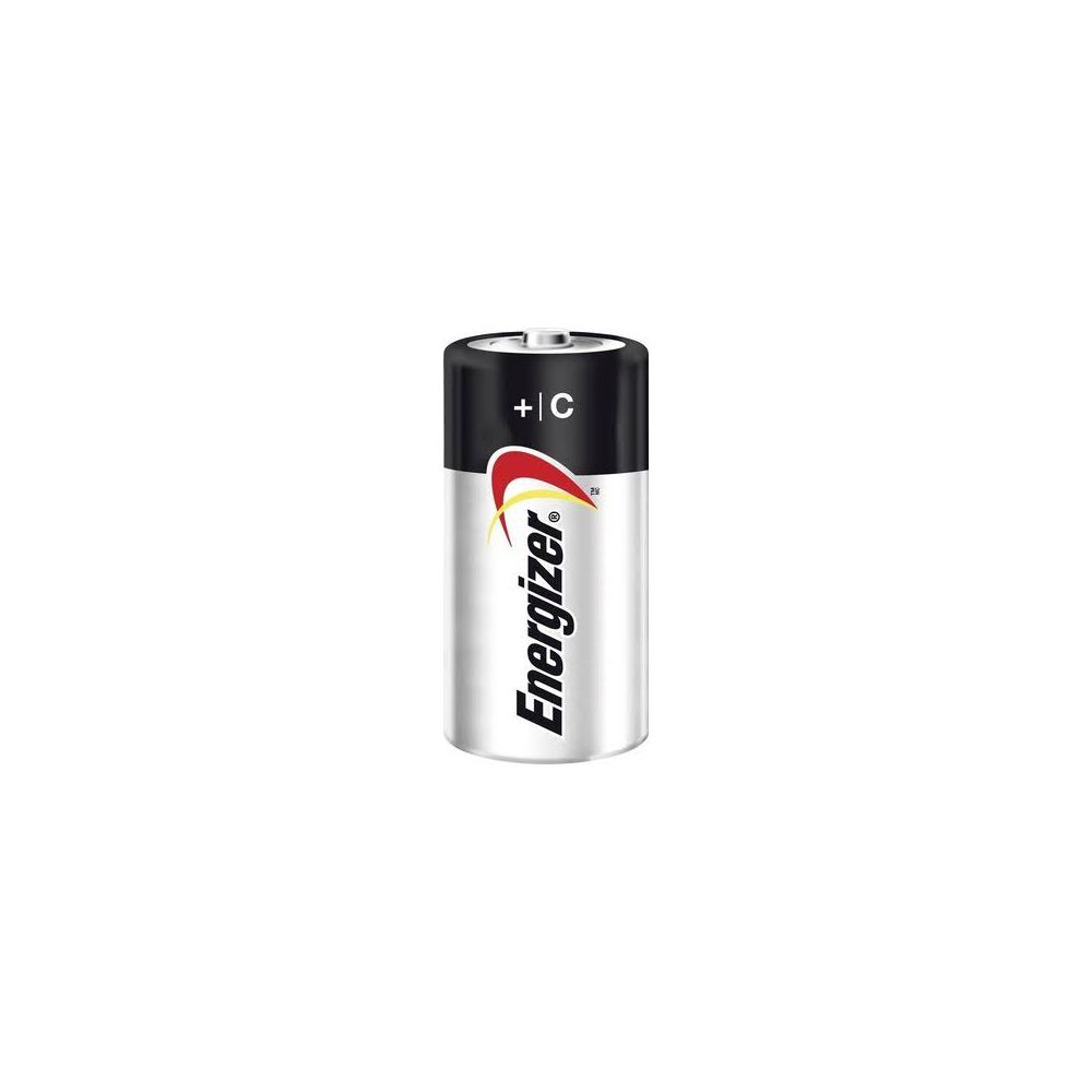 Eine einzelne silberne Energizer C-Batterie mit schwarzem Kopf und rotem Logo.