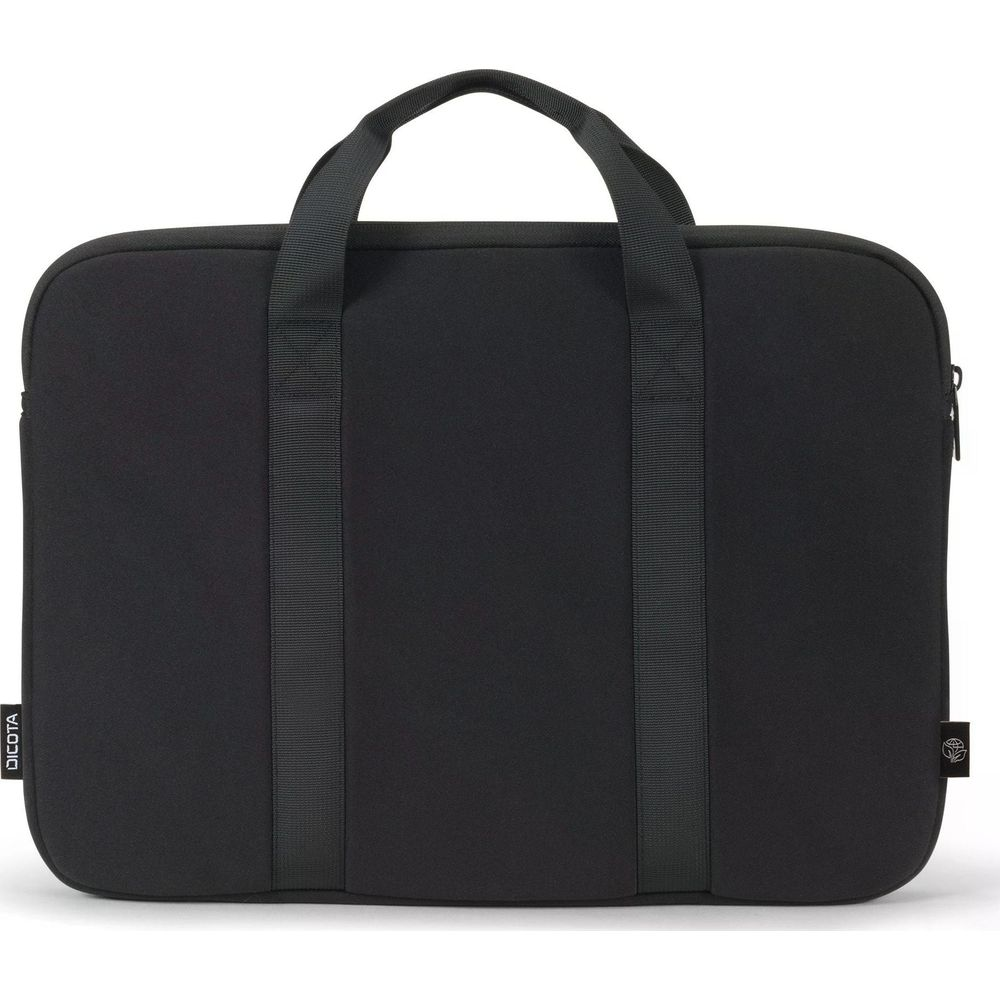 Borsa nera per laptop con due manici e un logo laterale. La borsa ha un'etichetta discreta.