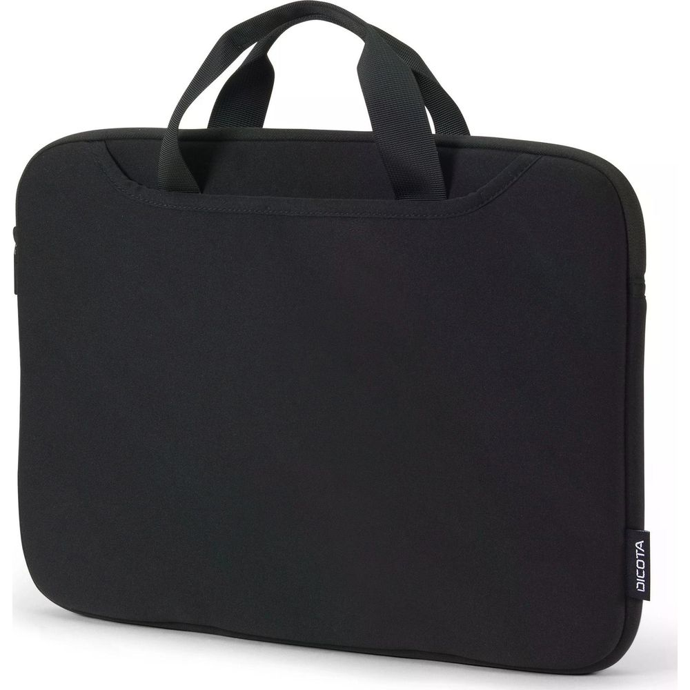 Una custodia nera per laptop Dicota con manici neri poggia su sfondo bianco.
