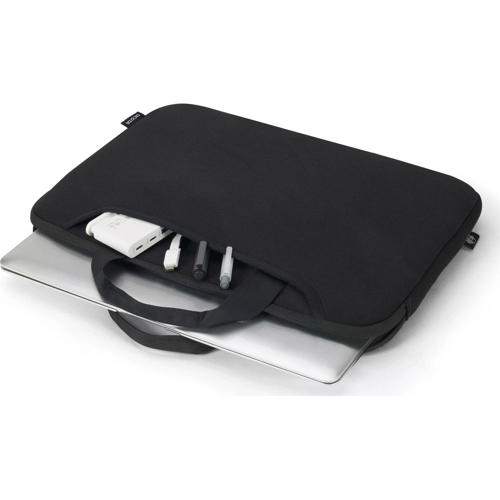 Custodia nera per laptop con caricatore, penne e cavi.