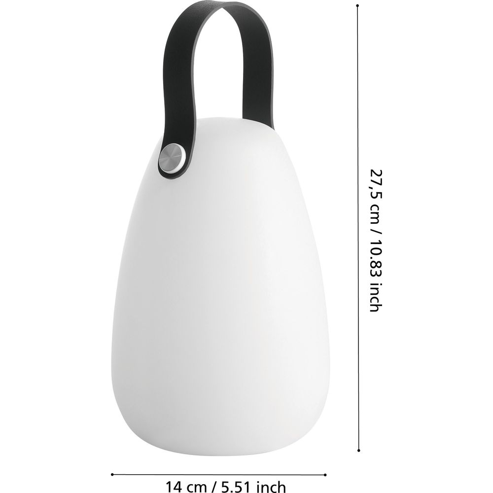 Lampada bianca con manico nero, alta 27,5 cm, larga 14 cm.